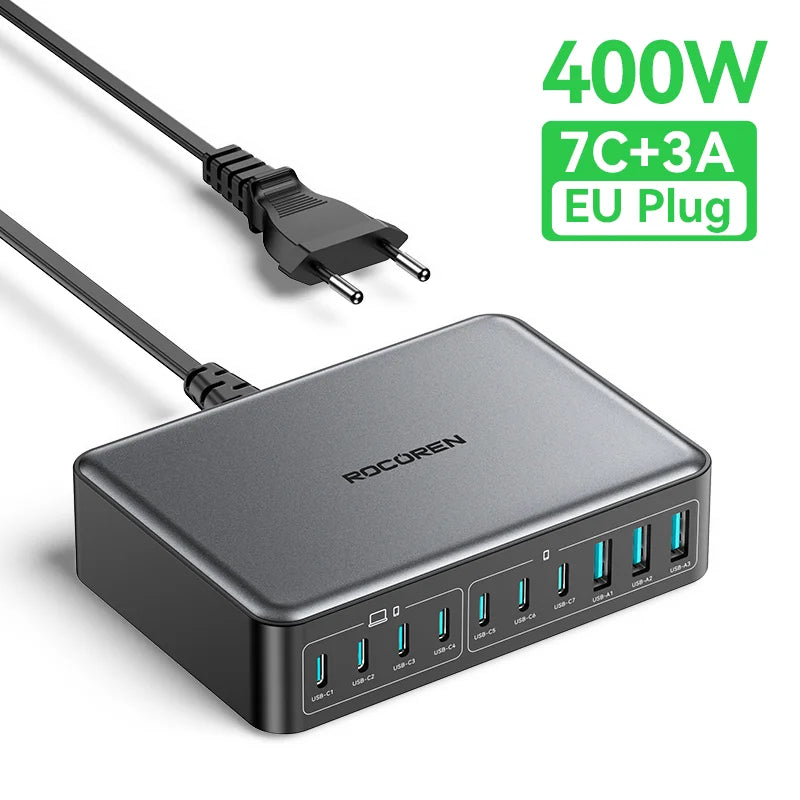 Rocoren Chargeur GaN USB Type C 400 W Station d'alimentation de bureau portable 10 en 1 Chargeur rapide Type-C pour iPhone 16 Pro Max MacBook Air