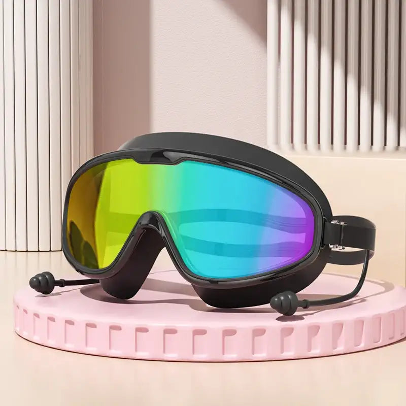 Outdoor-Schwimmbrille mit Antibeschlag und weitem Sichtfeld, Taucher- und Schwimmbrille mit Ohrstöpseln für Erwachsene und Jugendliche