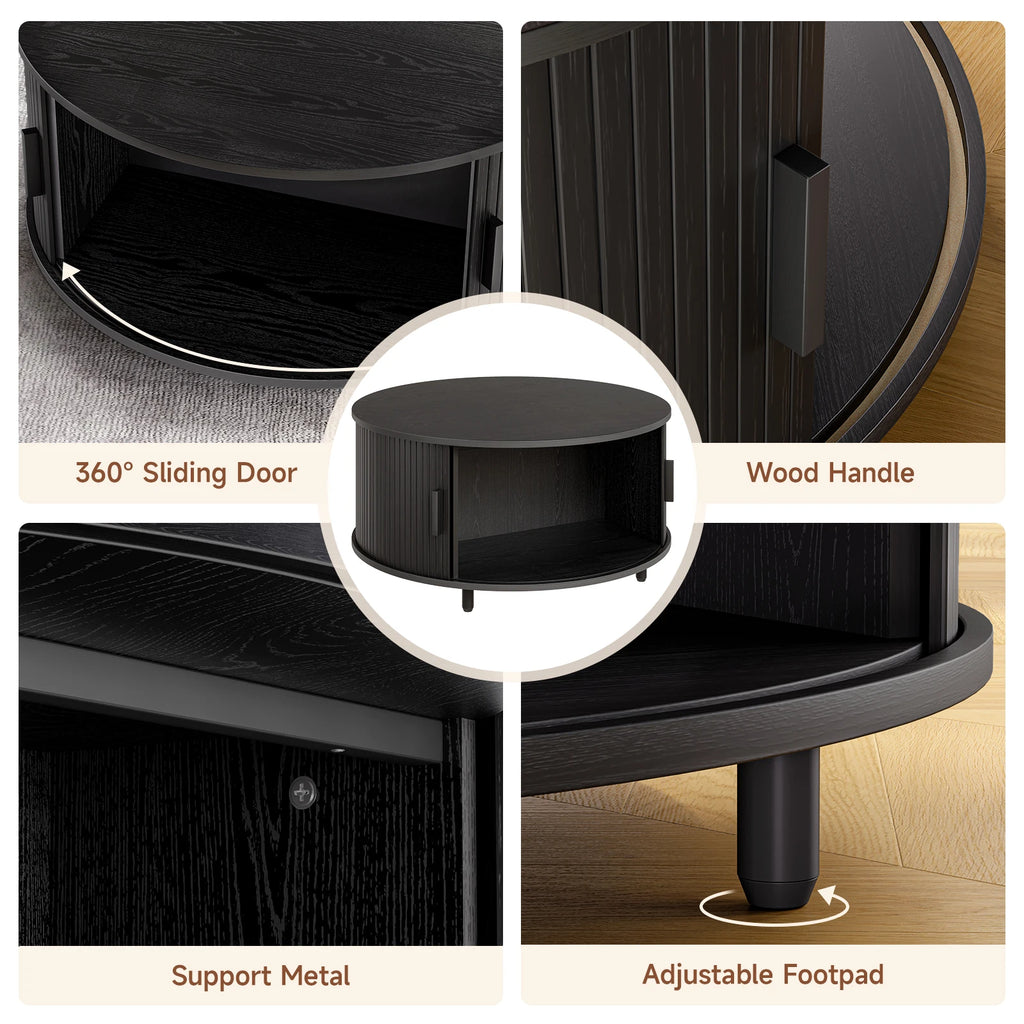Round Coffee Table 31.5" – Fluted Wood, Curved Sliding Door