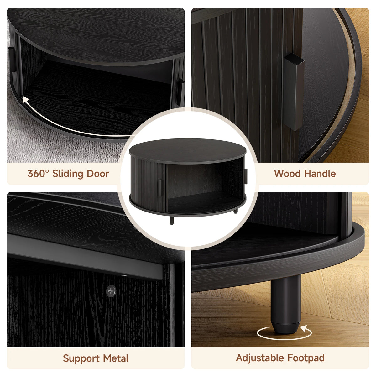 Round Coffee Table 31.5" – Fluted Wood, Curved Sliding Door