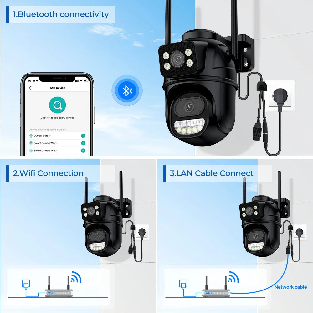 8MP 4K PTZ Wifi Camera Dual Lens with Dual Screen Ai Human Detect Auto Tracking Wireless Outdoor Surveillance Camera iCSee App
