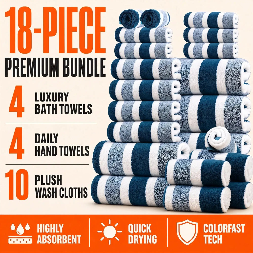 Ensemble de 18 serviettes de bain de luxe, serviettes en polyester douces à séchage rapide pour la maison, l'hôtel et le spa, bleu marine et rayé