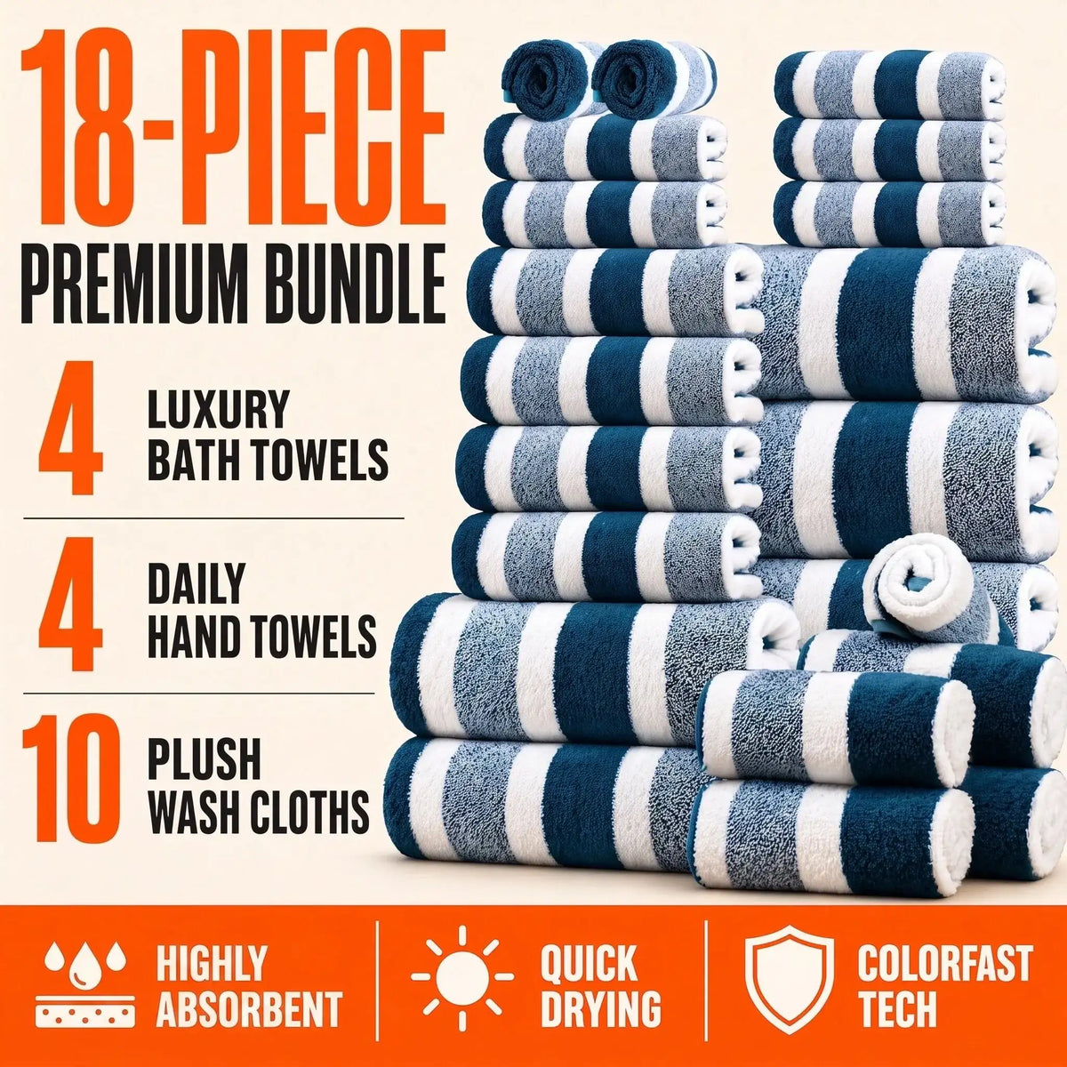 Ensemble de 18 serviettes de bain de luxe, serviettes en polyester douces à séchage rapide pour la maison, l'hôtel et le spa, bleu marine et rayé