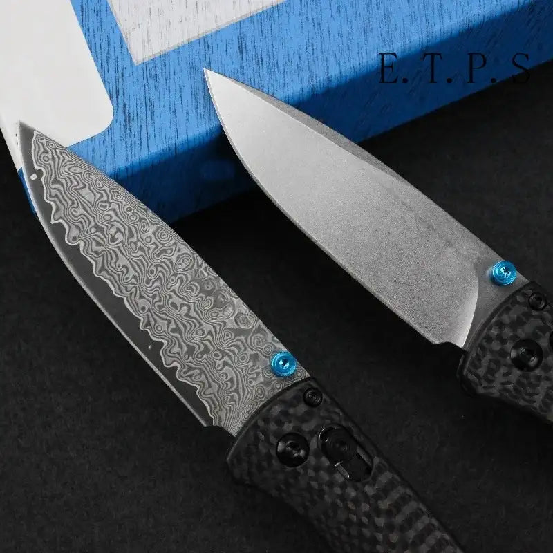 Bugout 535 Outdoor-Klapp-Taschenmesser, Klinge aus Damaszenerstahl, Griff aus Carbonfaser, Jagdmesser, Camping-, Angel- und EDC-Werkzeug