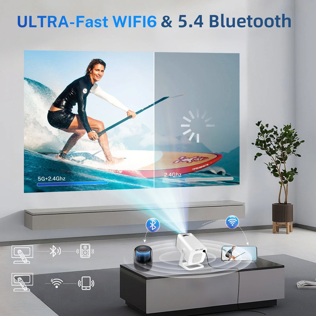 Smart Mini Projecteur 1080P Support 4K avec WiFi 6 et BT 5.4 Applications intégrées Android TV Correction Trapézoïdale Automatique Rotation à 180° Vidéoprojecteur Extérieur