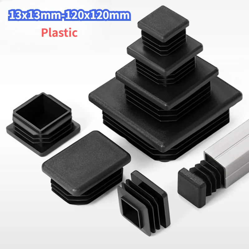 Bouchons d'extrémité noirs carrés en plastique 13x13mm-120x120mm pour pieds de meubles, inserts de tubes, bouchons décoratifs anti-poussière