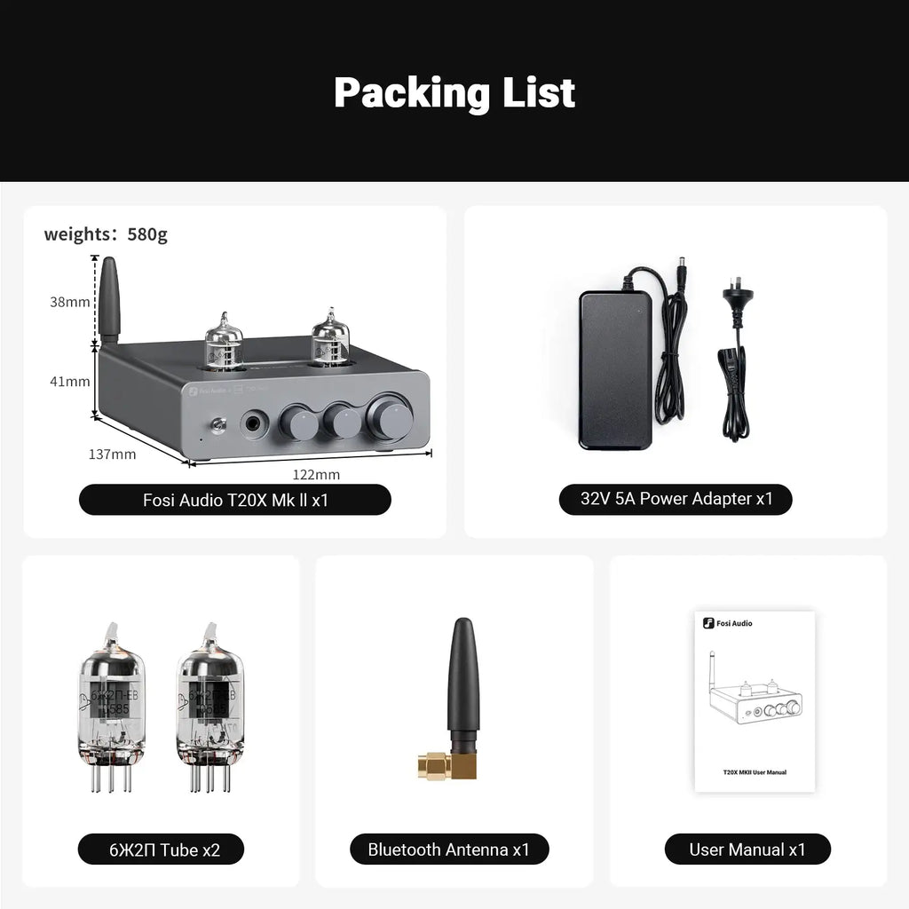 Fosi Audio T20X MKII TPA3255 300 W Bluetooth-Röhrenverstärker, integrierter Class-D-Stereo-Leistungsverstärker für Heimkino-Lautsprecher