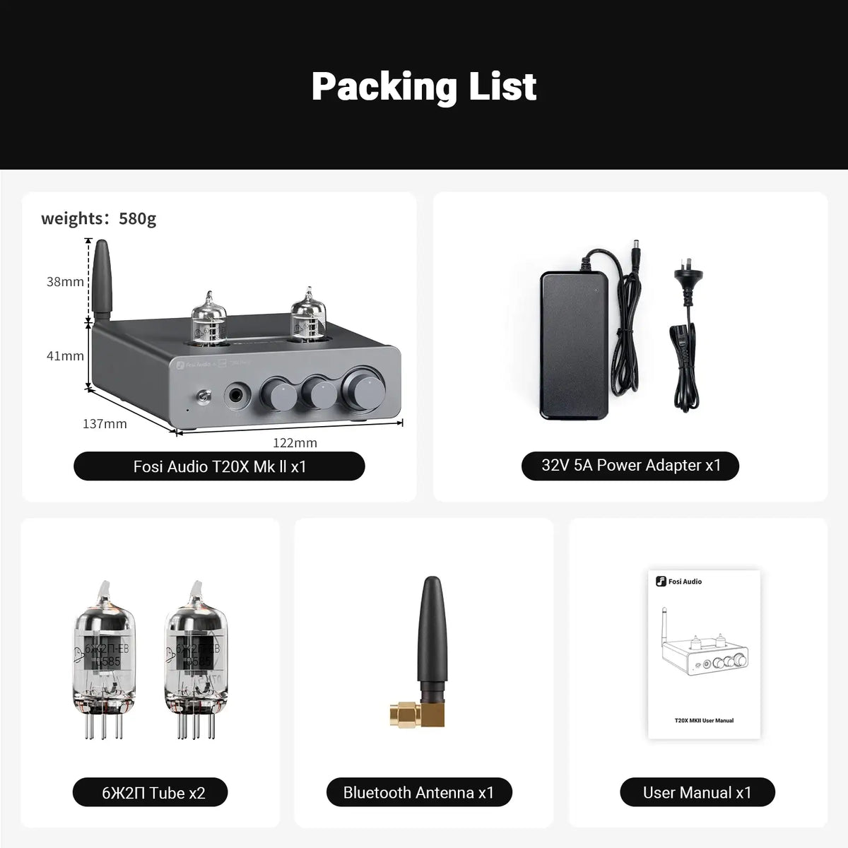 Fosi Audio T20X MKII TPA3255 300 W Bluetooth-Röhrenverstärker, integrierter Class-D-Stereo-Leistungsverstärker für Heimkino-Lautsprecher