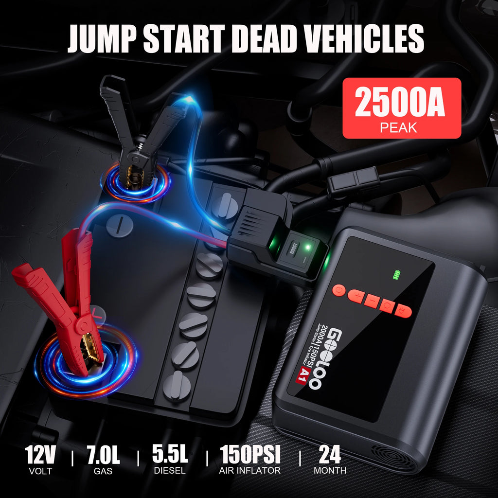 GOOLOO A1 Jump Starter with Air Compressor,2000A Portable Car BatterGOy Booster (7.0 Gas/5.5L Diesel) with 150PSI Air Compressor