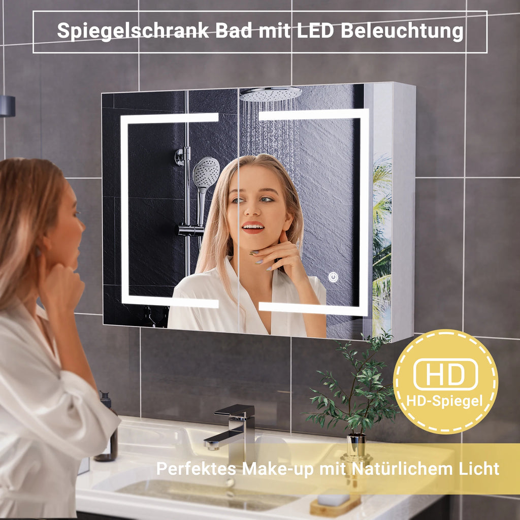 Rosahqnda LED Mirror cabinet for bathroom anti-fog bathroom mirror cabinet, 3 color temperature dimmable，white