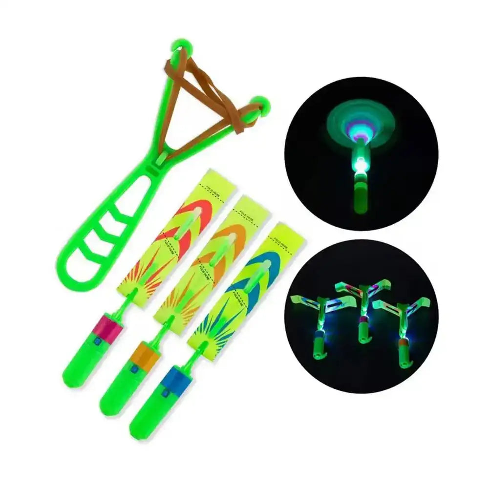 5 piezas de helicópteros voladores con luz LED tipo resortera, juguetes de cohete con flecha luminosa, recuerdos para fiestas al aire libre, helicópteros que brillan en la oscuridad para niños