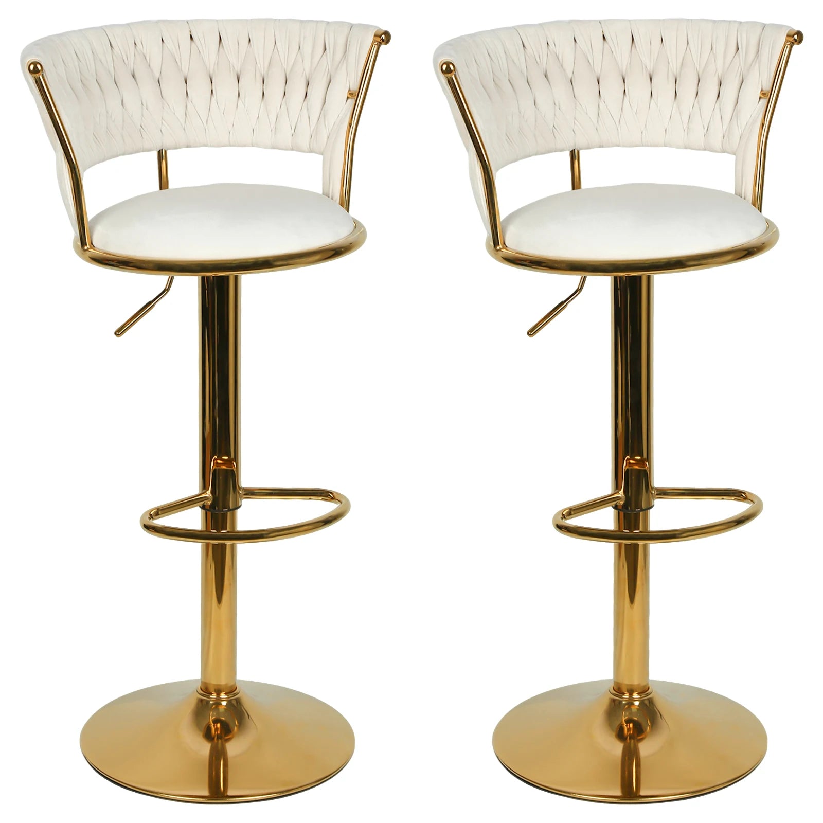 Lot de 2 tabourets de bar avec dossier tressé et repose-pieds, tabouret pivotant, réglable en hauteur, piètement évasé en métal + assise rembourrée en velours, gris/rose/bleu/noir