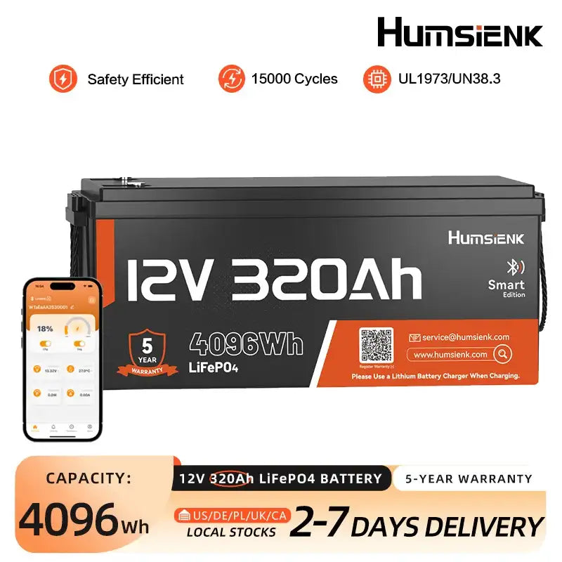 Batterie LiFePO4 Humsienk 12V 320Ah, 4096Wh avec Bluetooth et BMS 250A, plus de 15 000 cycles pour camping-car, van, bateau, voiturette de golf et solaire