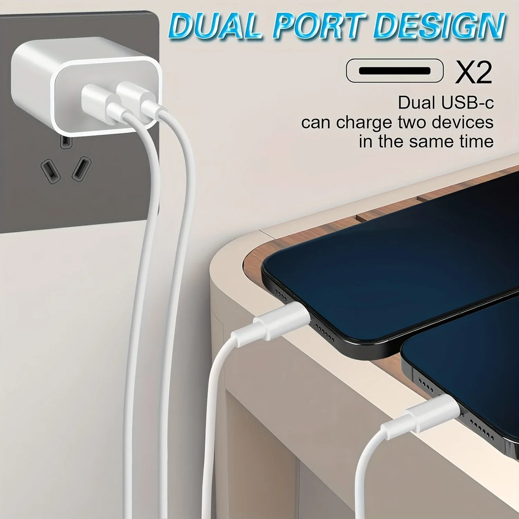 20W USB-C Fast Charger – Dual Port with 10FT Cable, iPhone 15/16