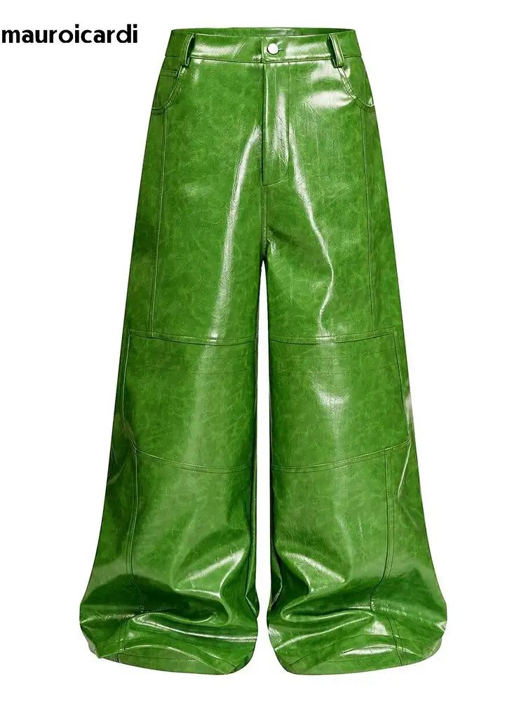 Mauroicardi Spring Autumn Cool Long Shiny Reflective Green PU Leather Wide Leg Pants for Men - Y2K Luxury Style