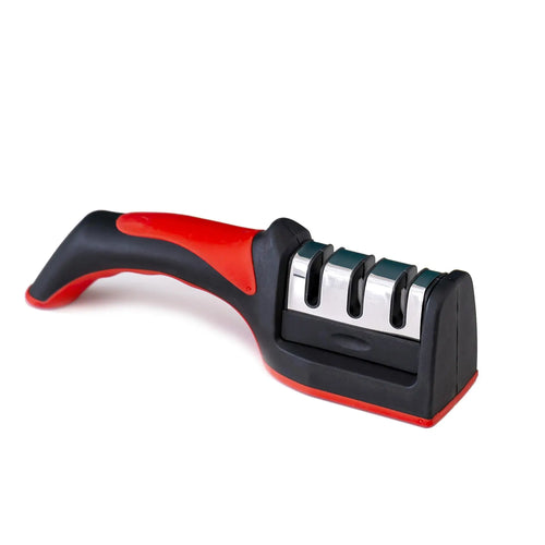 Red-and-black 3-stage knife sharpener with three slots and curved handle