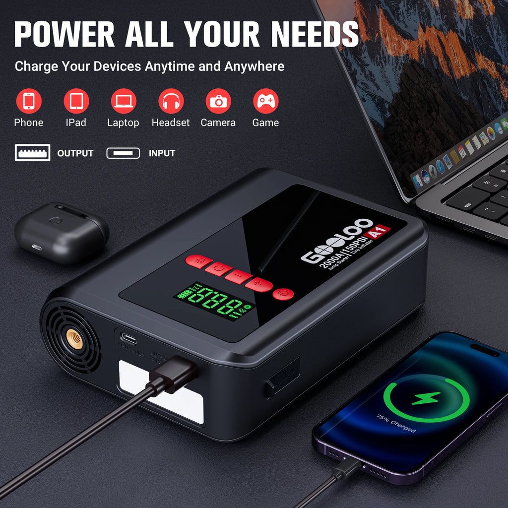 GOOLOO A1 Jump Starter with Air Compressor,2000A Portable Car BatterGOy Booster (7.0 Gas/5.5L Diesel) with 150PSI Air Compressor