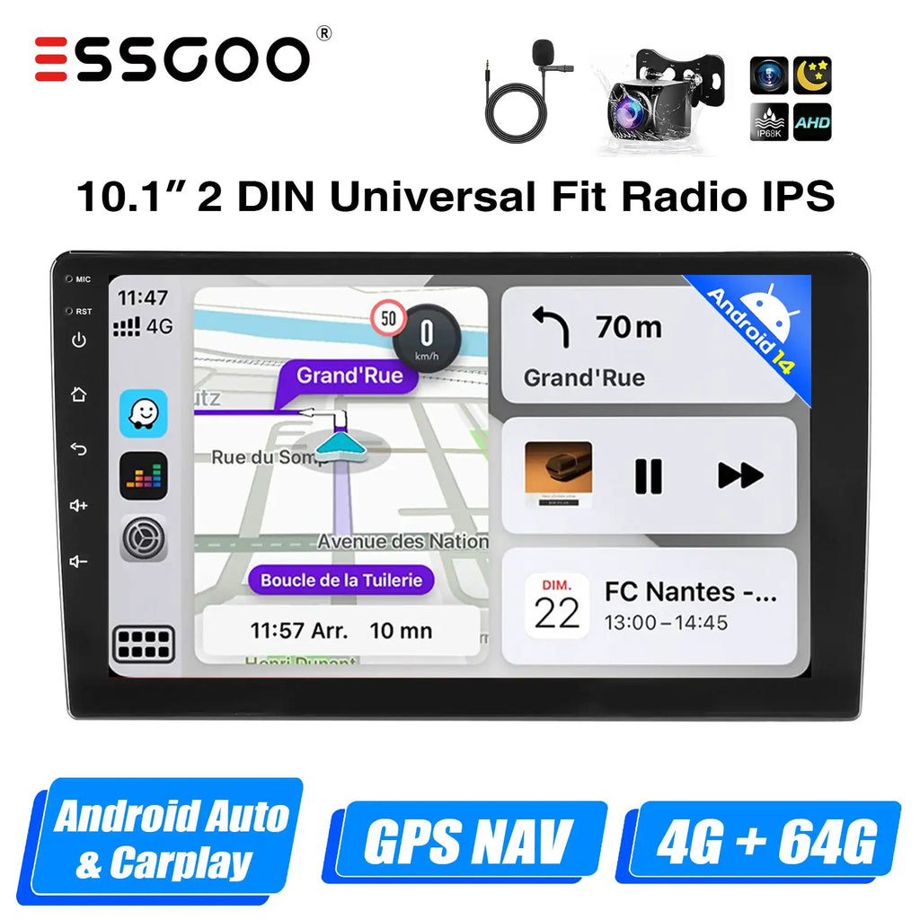ESSGOO 7"/9"/10" 2-DIN-Autoradio mit Android 14, 4+64G, CarPlay, Android Auto, GPS-SAT-Navigation, Bluetooth, FM-RDS-Radio, WLAN und Touchscreen