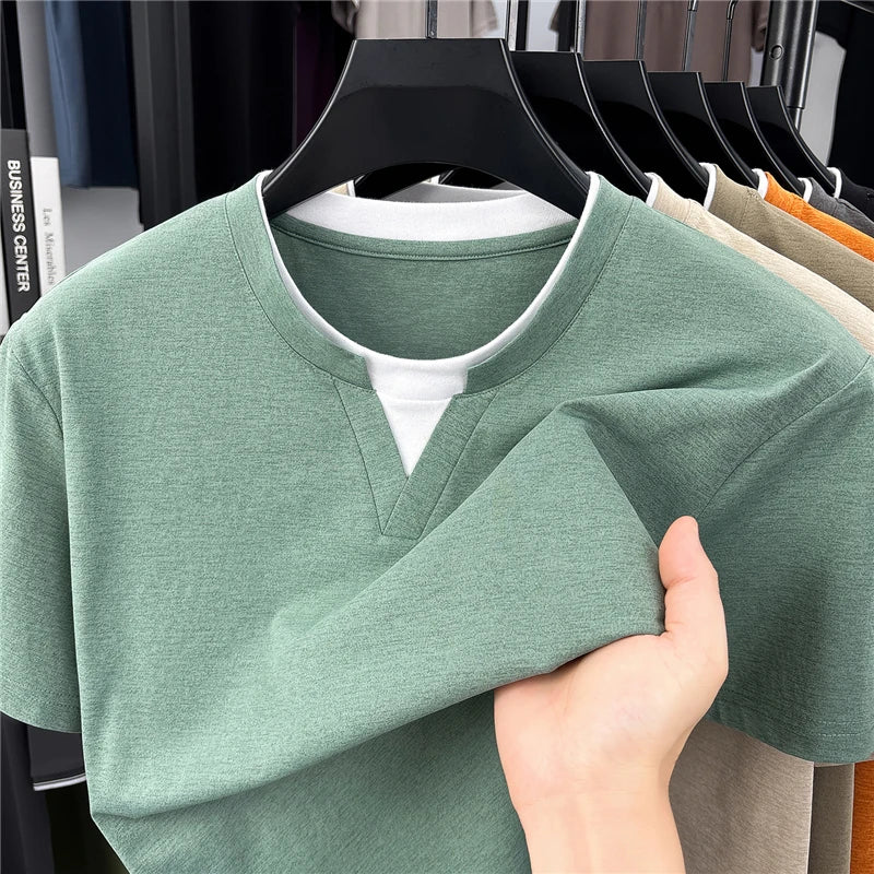 Men's Fashion V Neck T Shirt With Fake Two Piece Detail Soft Elastic Fabric For Daily And Casual Use