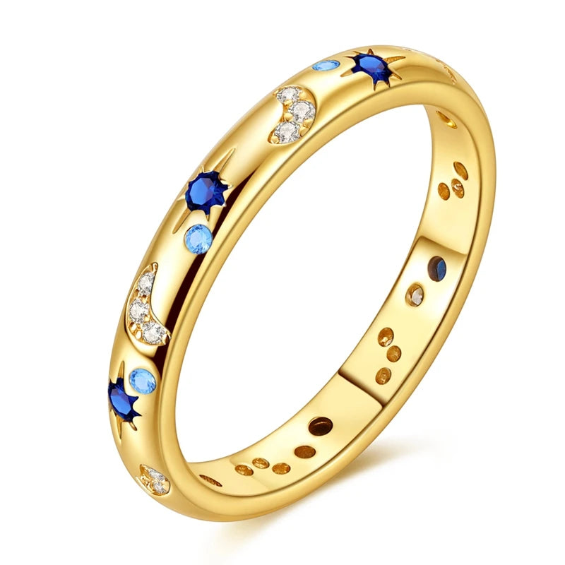 Original 925 Sterling Silver Sparkling Golden Star Firefly Moon Ring For Women Girls Jewelry Birthday Anniversary Gifts