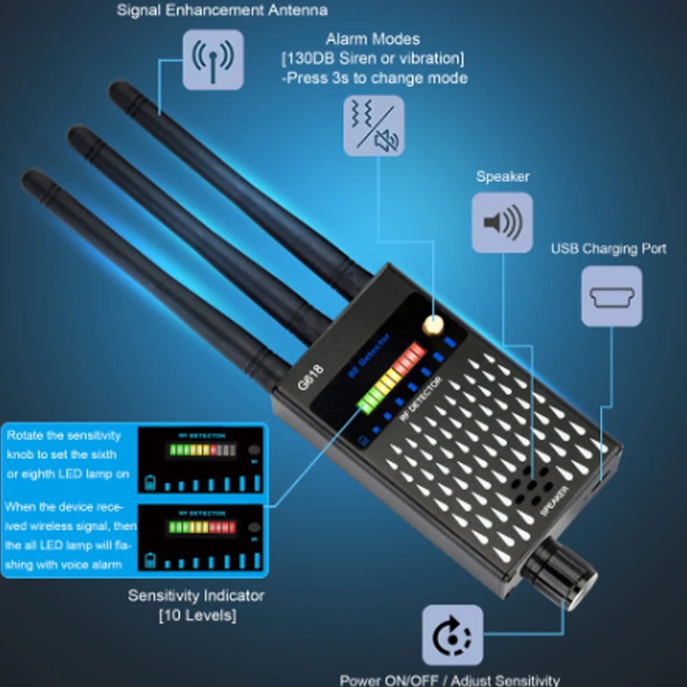 Détecteur de signal sans fil G618 Détecteur de caméra Wi-Fi cachée anti-écoute anti-espionnage GPS pour la sécurité et la protection de la vie privée