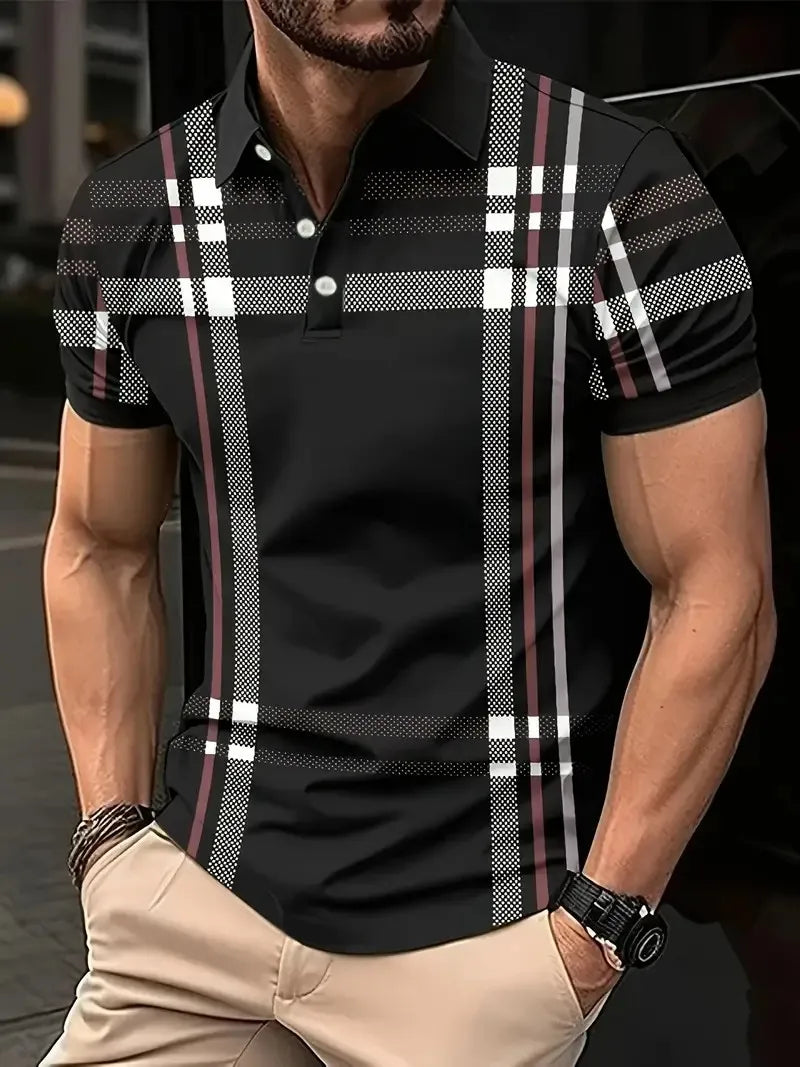 Le nouveau polo homme été 2025 présente un imprimé à rayures 3D décontracté, élégant, confortable, doux et respirant