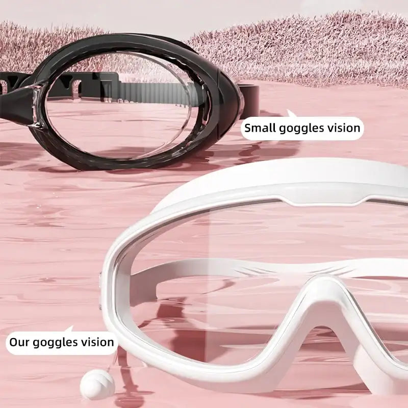 Outdoor-Schwimmbrille mit Antibeschlag und weitem Sichtfeld, Taucher- und Schwimmbrille mit Ohrstöpseln für Erwachsene und Jugendliche