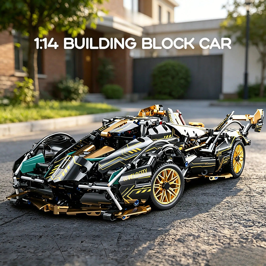KAVOWORLD 1/14スケール スーパーカー ブロックセット 981ピース ブラック＆ゴールド スポーツカー 組み立ておもちゃ 可動式リアウイング 開閉式コックピット DIY建設モデルキット 誕生日・クリスマスプレゼントに最適