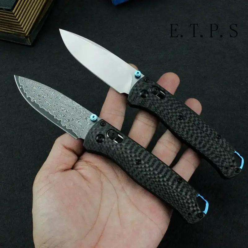 Bugout 535 Outdoor-Klapp-Taschenmesser, Klinge aus Damaszenerstahl, Griff aus Carbonfaser, Jagdmesser, Camping-, Angel- und EDC-Werkzeug