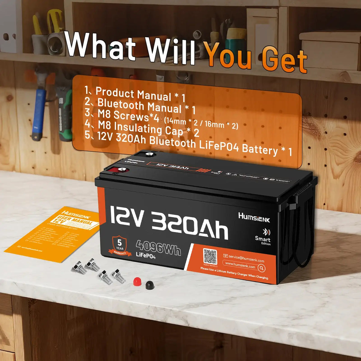 Batterie LiFePO4 Humsienk 12V 320Ah, 4096Wh avec Bluetooth et BMS 250A, plus de 15 000 cycles pour camping-car, van, bateau, voiturette de golf et solaire