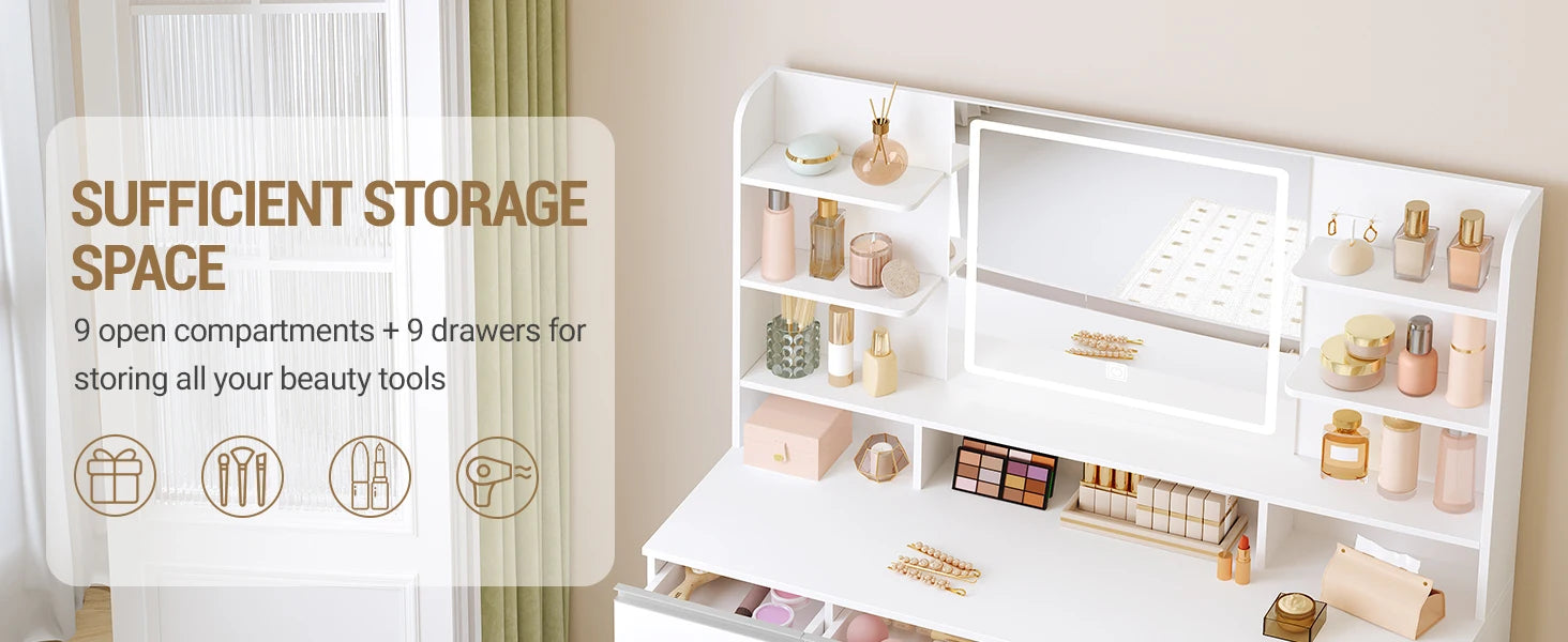 Large Dressing Table with LED Lighting, 3 Colours, Brightness Control,  with Mirror, 9 Drawers, 9 Open Shelves