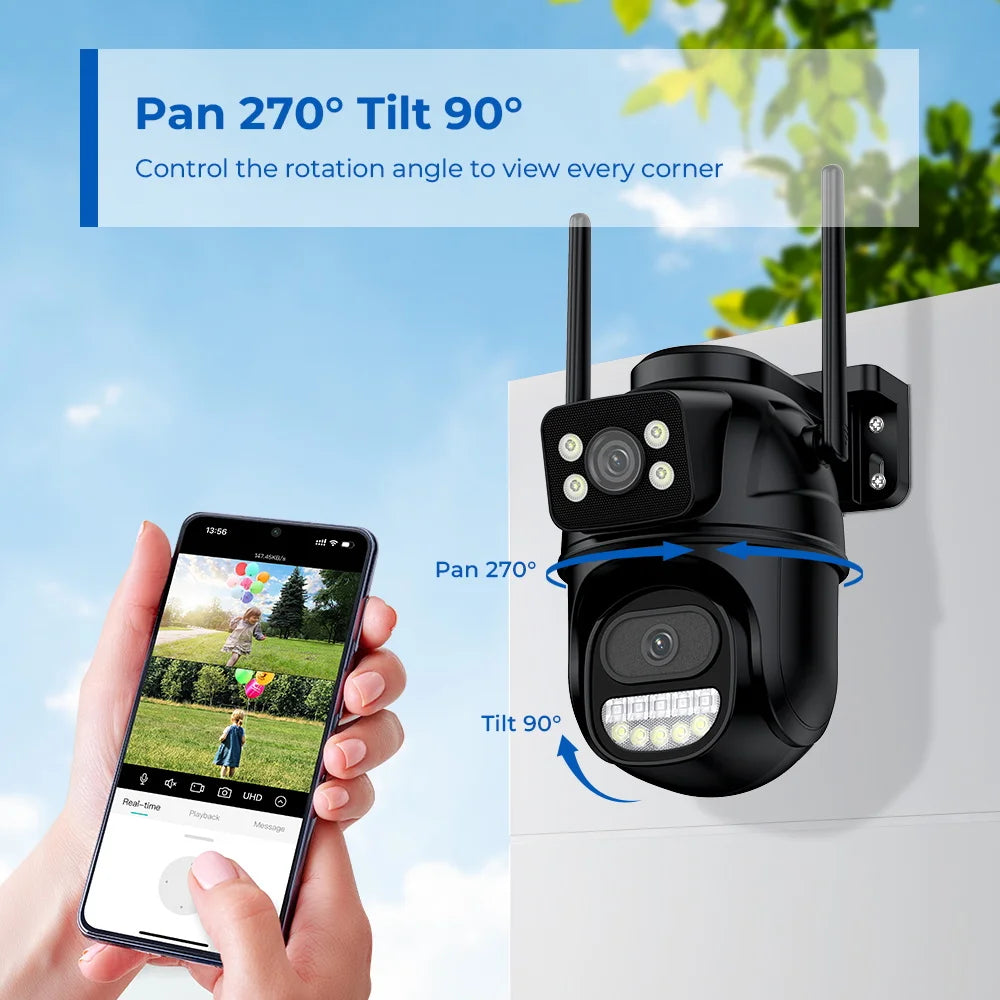 8MP 4K PTZ Wifi Camera Dual Lens with Dual Screen Ai Human Detect Auto Tracking Wireless Outdoor Surveillance Camera iCSee App