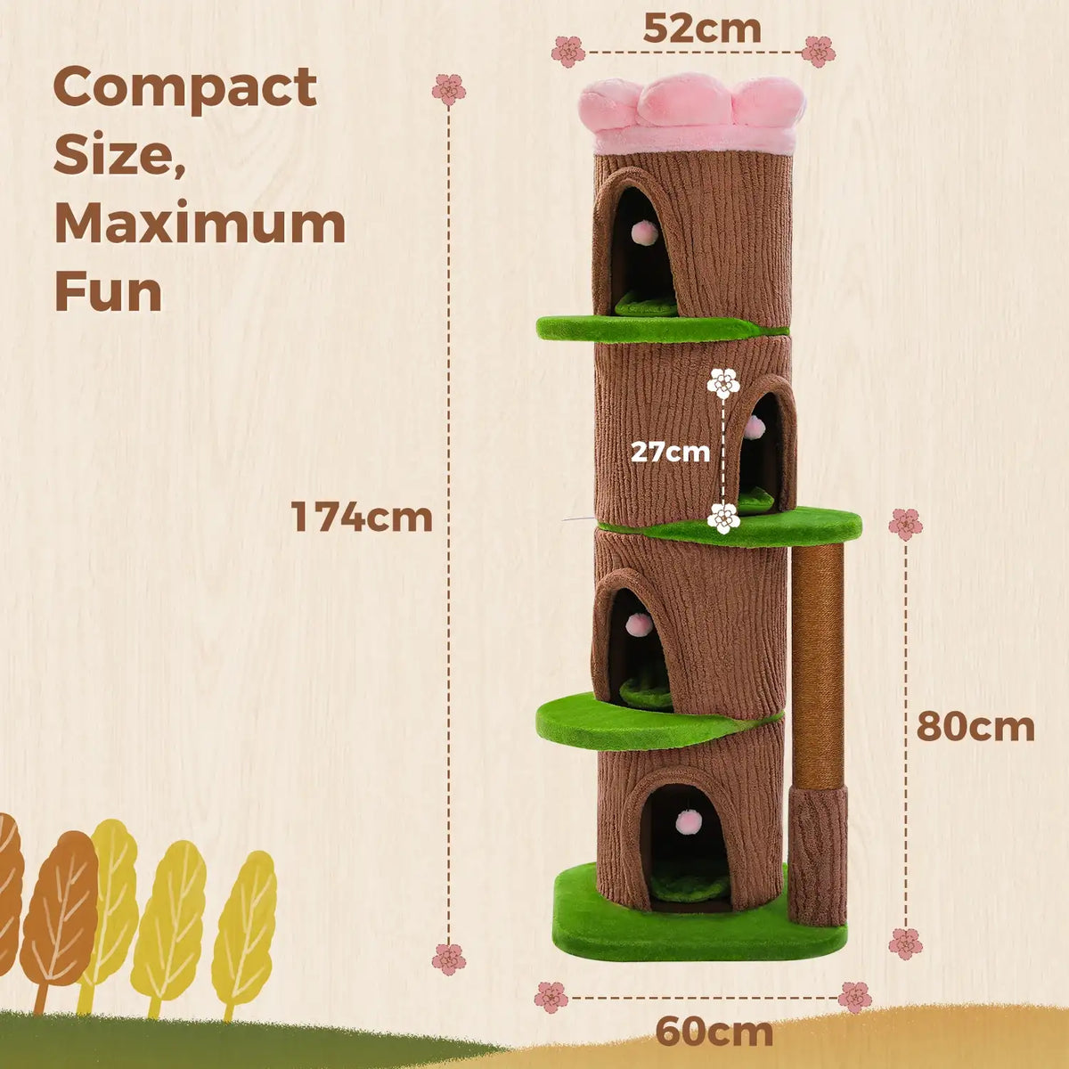 XL-mehrstöckiger Holz-Kratzbaum mit 4 Höhlen und dickem Kratzpfosten