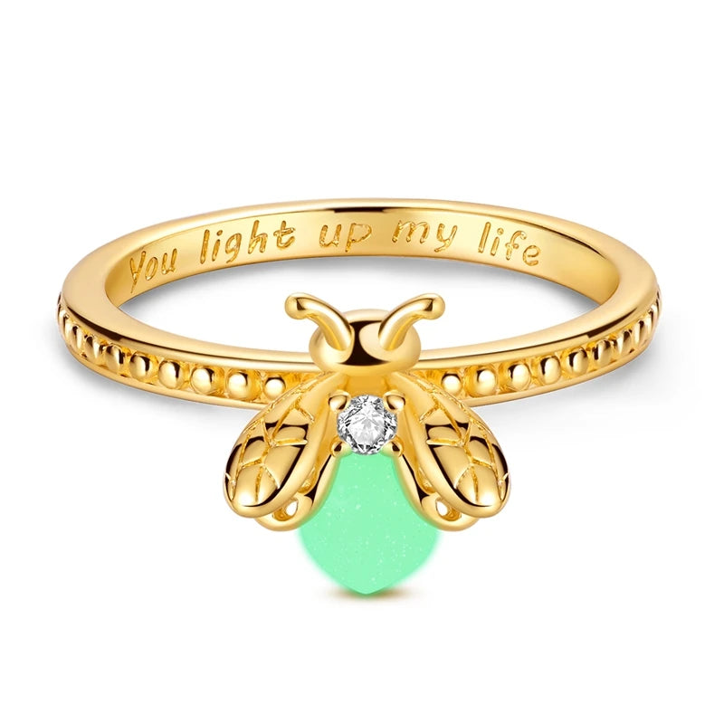 Original 925 Sterling Silver Sparkling Golden Star Firefly Moon Ring For Women Girls Jewelry Birthday Anniversary Gifts