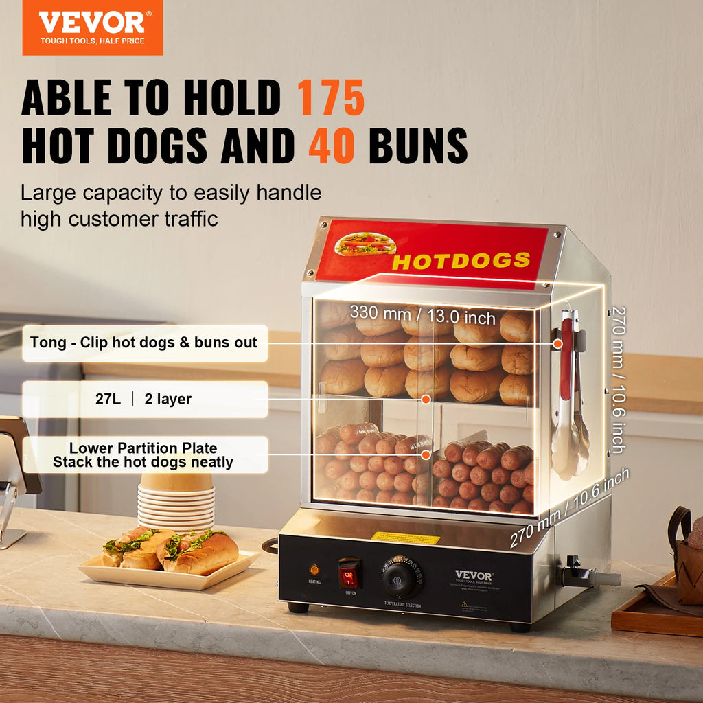 Vaporera para hot dogs SucceBuy de 27/37 L y 2 niveles con control de temperatura, calentador eléctrico de acero inoxidable para hot dogs y panes para cine