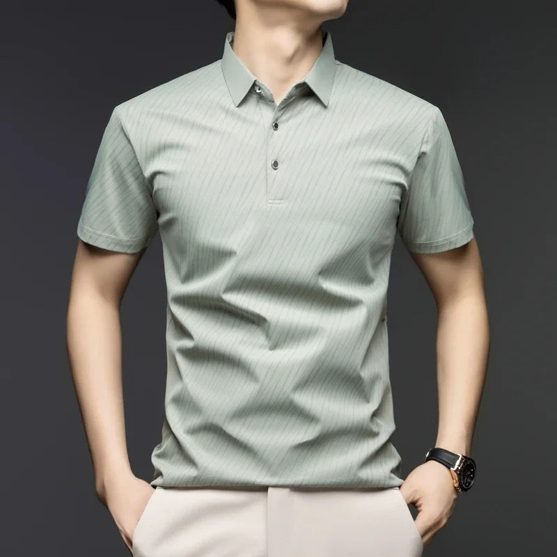 Polo homme en soie glacée Tissu rafraîchissant avec impression lignes diagonales Manches courtes pour le business
