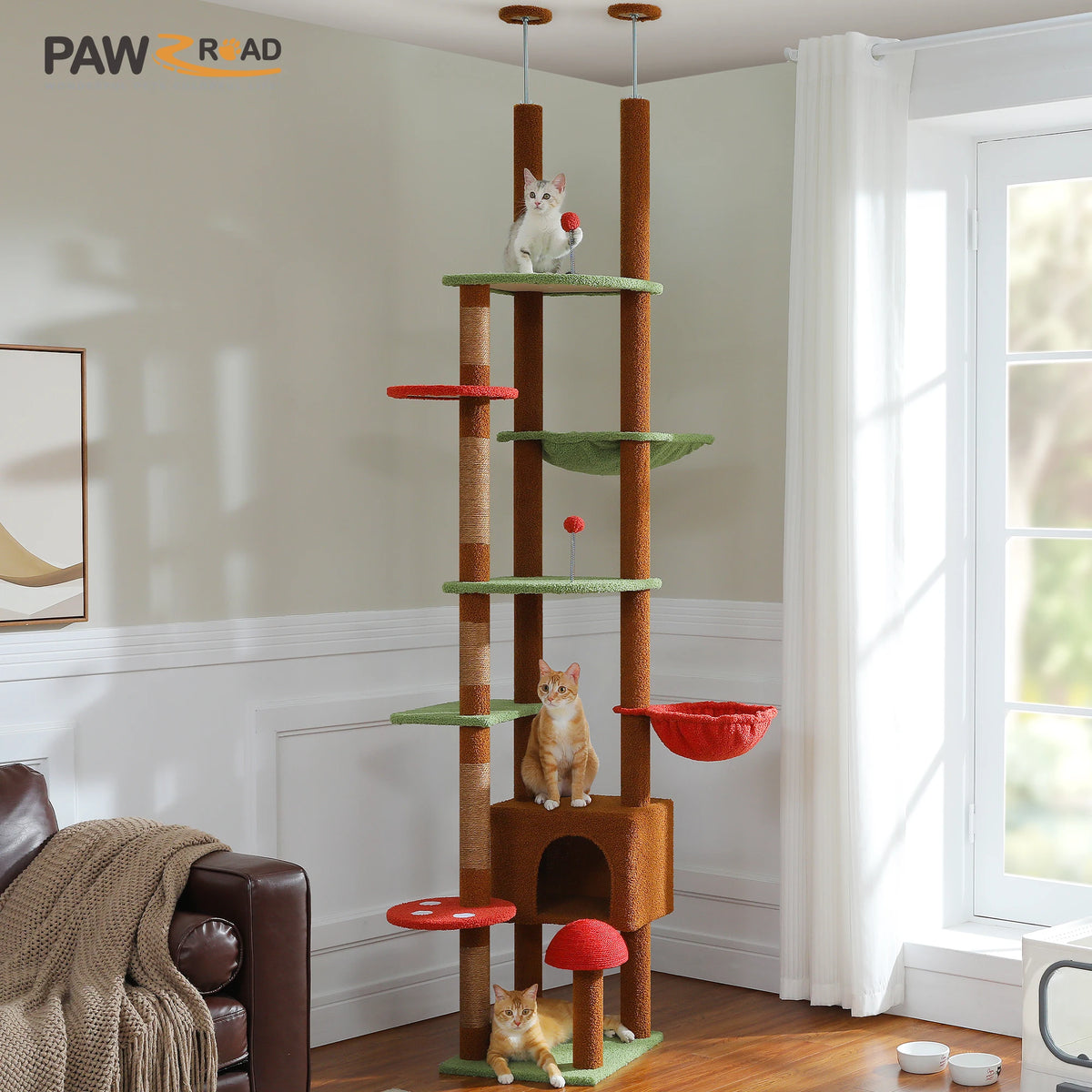 Torre rascador para gatos de suelo a techo con casita, hamaca y postes rascadores