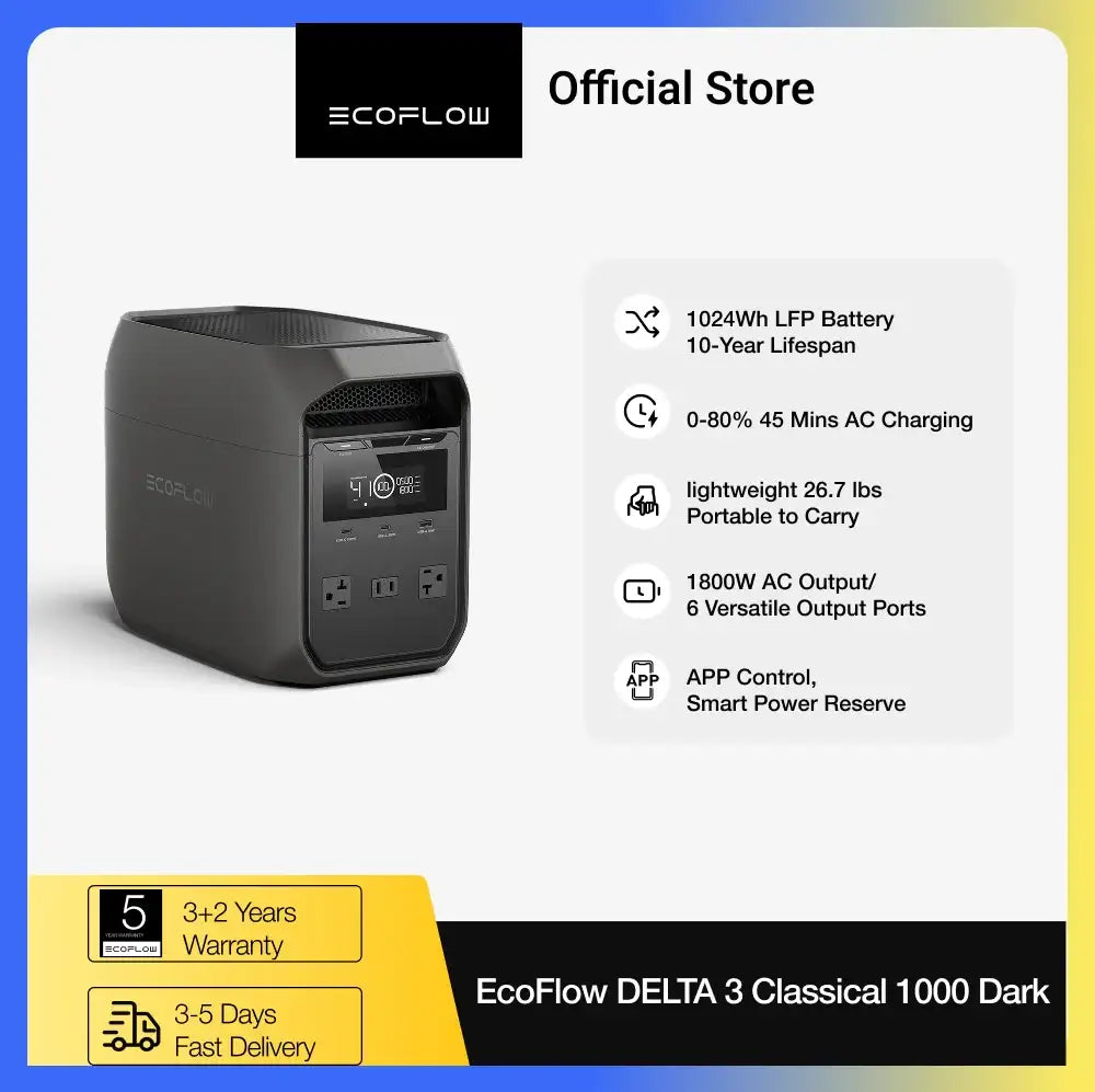Generador solar ECOFLOW DELTA 3 Classical Dark 1000, estación de energía portátil con batería LiFePO4 de 1024Wh, 1800W CA/100W USB-