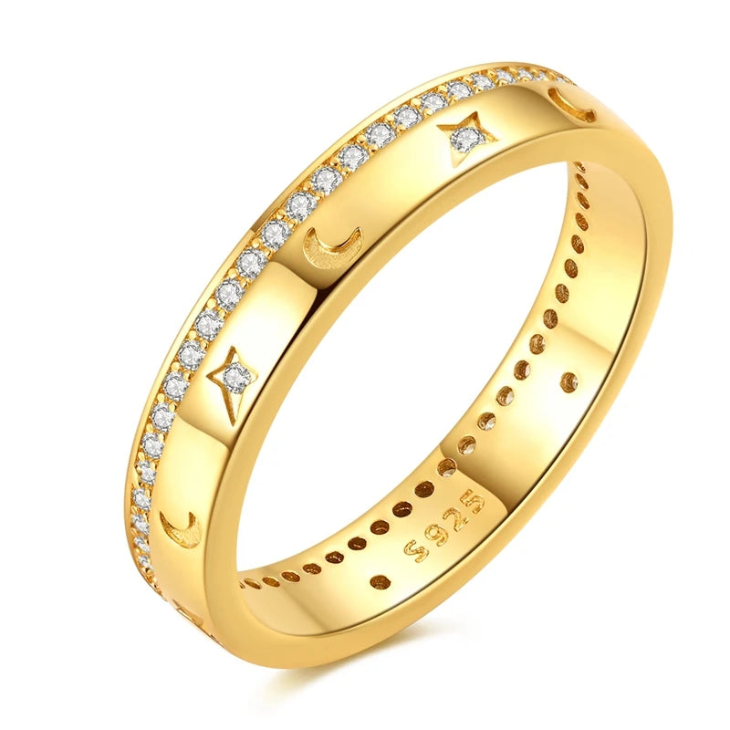Original 925 Sterling Silver Sparkling Golden Star Firefly Moon Ring For Women Girls Jewelry Birthday Anniversary Gifts