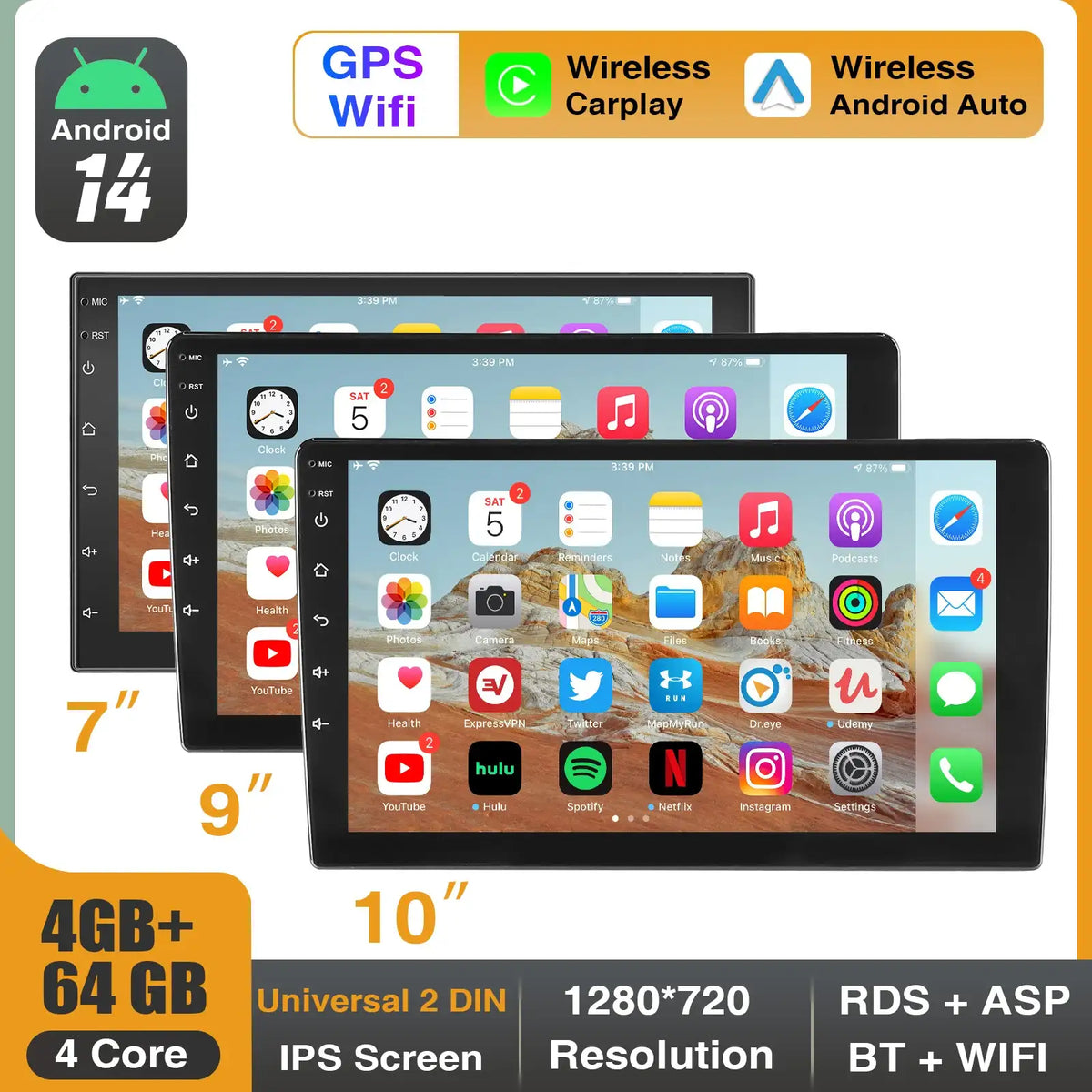 ESSGOO 7"/9"/10" 2-DIN-Autoradio mit Android 14, 4+64G, CarPlay, Android Auto, GPS-SAT-Navigation, Bluetooth, FM-RDS-Radio, WLAN und Touchscreen