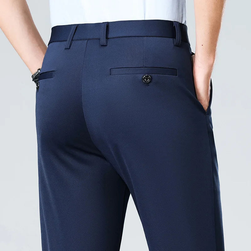 Pantalon de costume stretch pour homme, fin, d'été, d'affaires, coupe slim, droit, pour le travail, le bureau, noir, formel, grande taille 40