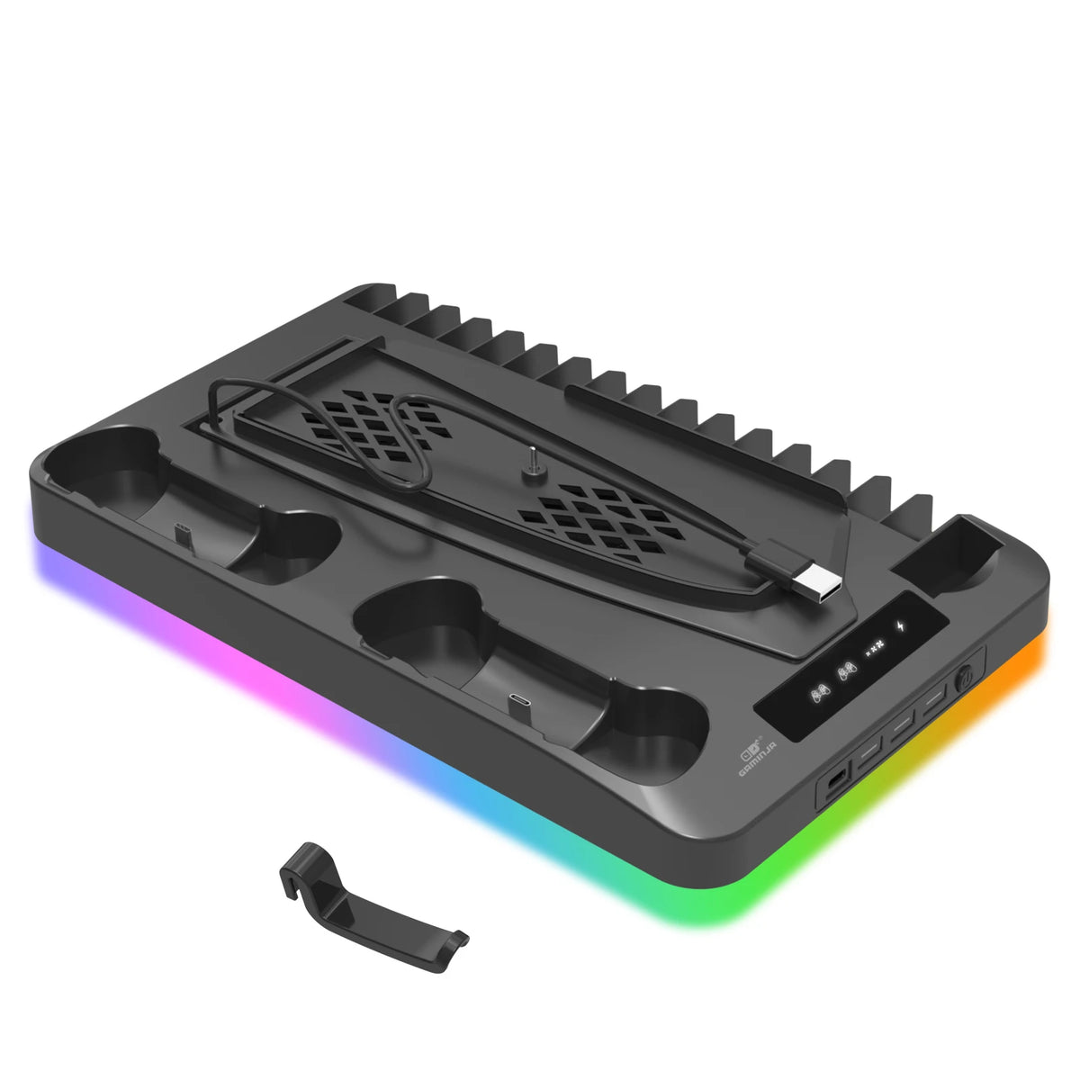 Soporte de refrigeración RGB GAMINJA P58 para consola PS5 Slim, base de carga para mando, gancho para auriculares y estante de almacenamiento de juegos en CD para PS5 versión con disco y digital