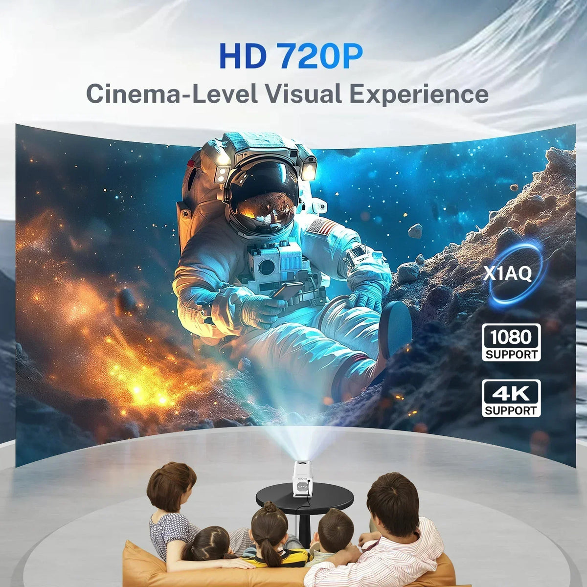 Smart Mini Projecteur 1080P Support 4K avec WiFi 6 et BT 5.4 Applications intégrées Android TV Correction Trapézoïdale Automatique Rotation à 180° Vidéoprojecteur Extérieur
