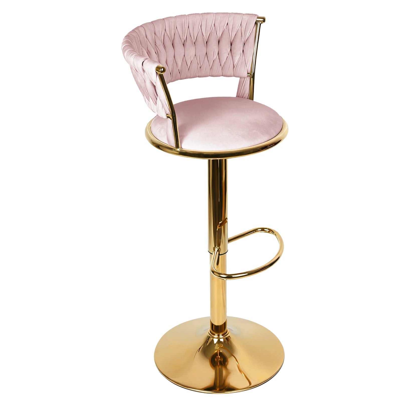 2 Set Bar stool with woven back and foot rest, pivoting stool, height adjustable, metal splayed Base + velvet padded seat, gray/pink/blue/black