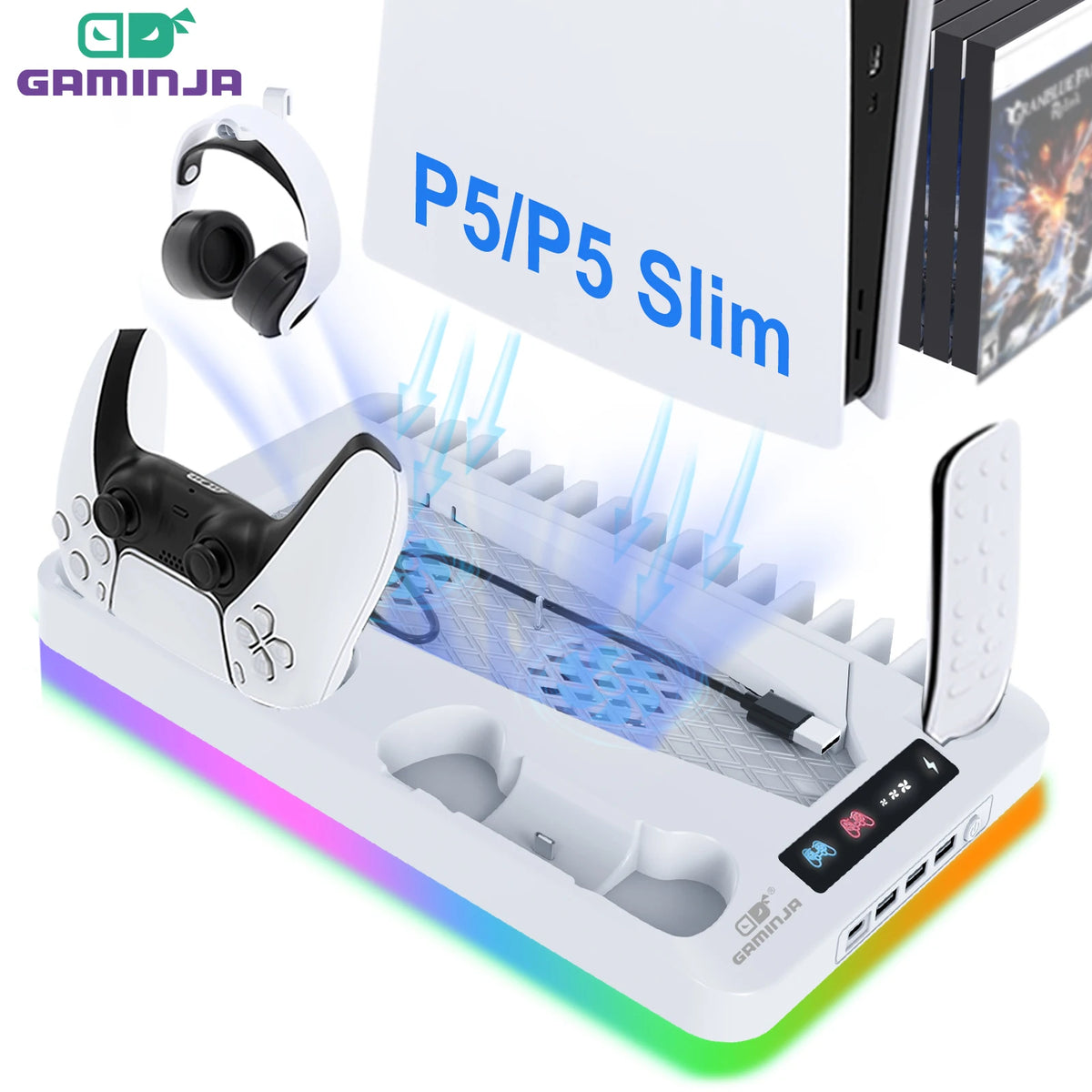Soporte de refrigeración RGB GAMINJA P58 para consola PS5 Slim, base de carga para mando, gancho para auriculares y estante de almacenamiento de juegos en CD para PS5 versión con disco y digital