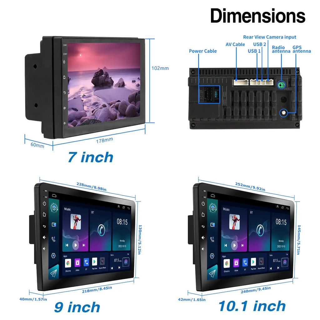 ESSGOO 7"/9"/10" 2-DIN-Autoradio mit Android 14, 4+64G, CarPlay, Android Auto, GPS-SAT-Navigation, Bluetooth, FM-RDS-Radio, WLAN und Touchscreen