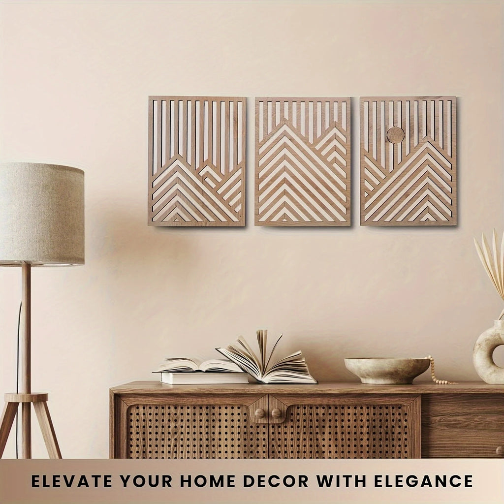 3pcs 2D Flat Retro Wood Art Wall Decoration Pine Sun Elements Home style Living Room Bedroom Office Large mural Easy To Install
