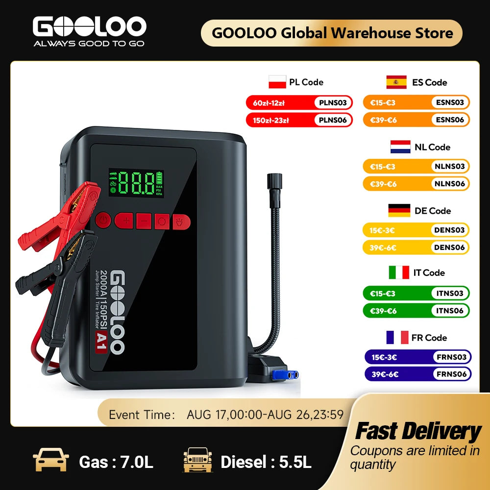 GOOLOO A1 Jump Starter with Air Compressor,2000A Portable Car BatterGOy Booster (7.0 Gas/5.5L Diesel) with 150PSI Air Compressor