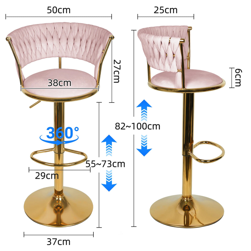 2 Set Bar stool with woven back and foot rest, pivoting stool, height adjustable, metal splayed Base + velvet padded seat, gray/pink/blue/black