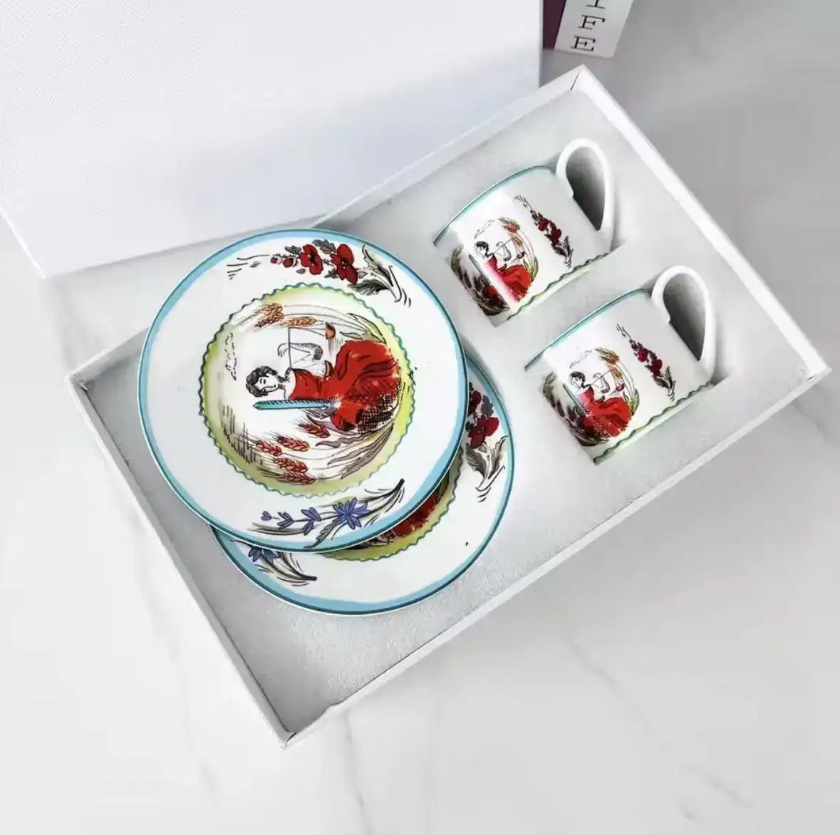 Tasses à café en céramique, tasses à lait, assiettes, tasses à expresso, services à café en porcelaine tendre, verres, tasses à thé à contour doré, 2 ensembles de tasses et assiettes cadeau